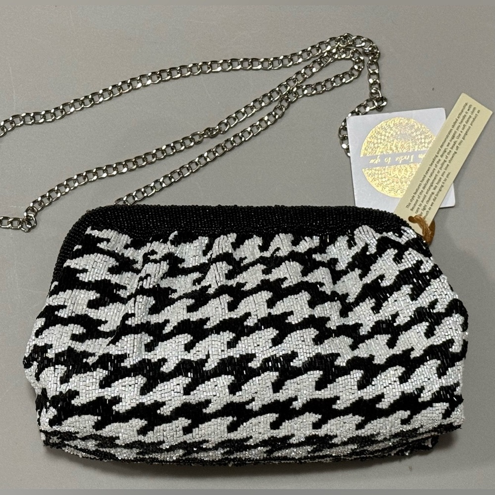 From India To You Black White Beaded Houndstooth Design Crossbody/Clutch Bag NWT